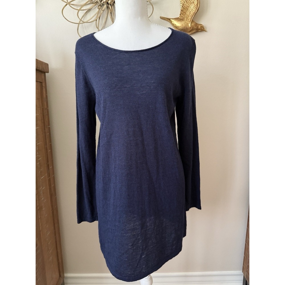 Eileen Fisher Linen Blend Tunic Top Navy Long Sleeve Scoop Neck M Medium